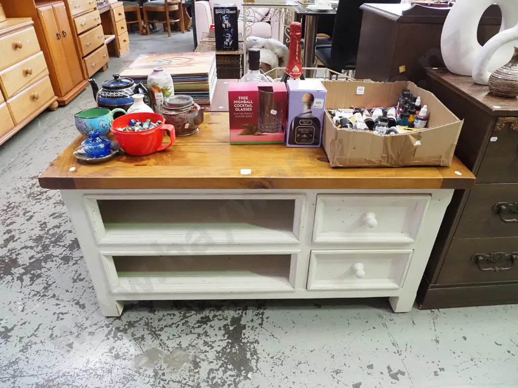 pine and cream painted 2 drawer entertainment unit H-560 W-1100 D-450 Image 1++