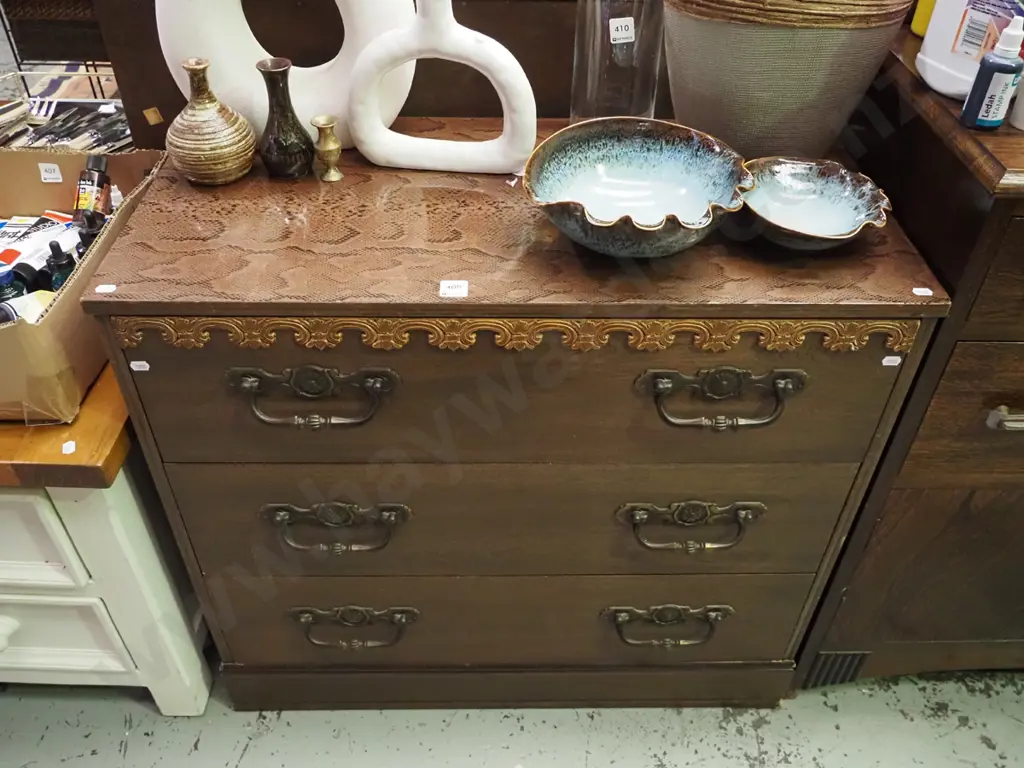 chip board and mahogany 3 drawer chest with snakeskin vinyl top H-725 W-790 D-400 Image 1++