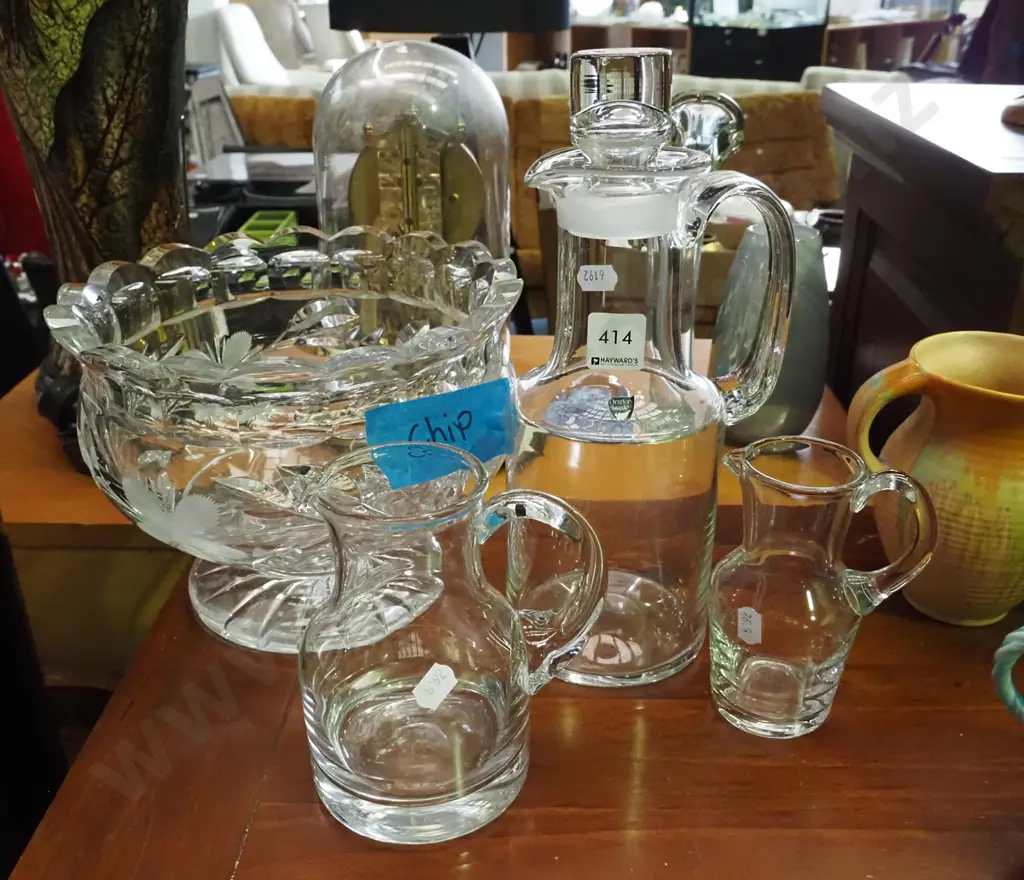 stoppered Swedish crystal jug, large footed bowl with chip, 2x other jugs Image 1++