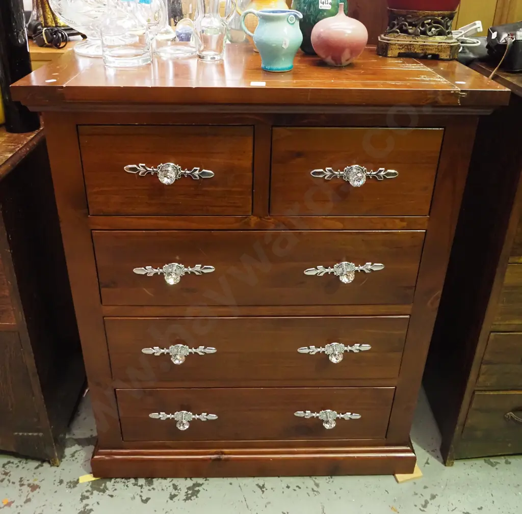 solid pine 5 drawer chest with cut glass and chrome handles Image 1++