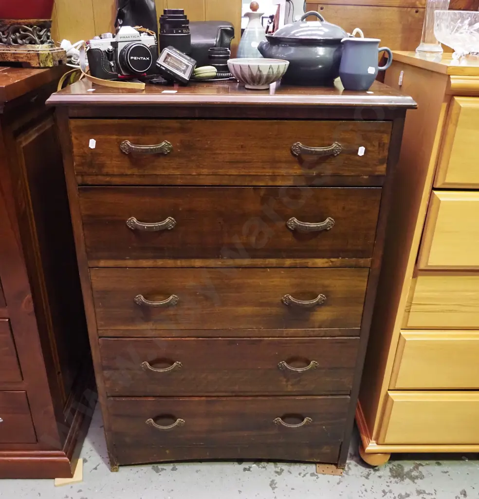 dark stained beech 5 drawer tall boy H-1030 W-680 D-400 Image 1++