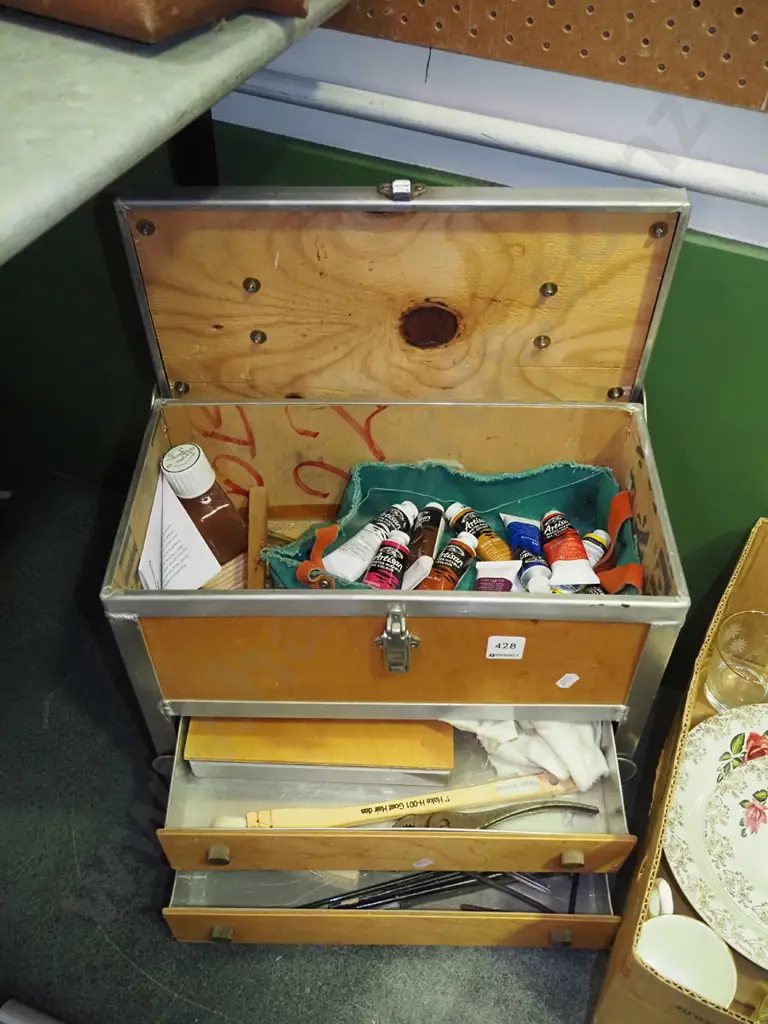 2 drawer lift-lid art supplies case with paints, brushes, pliers etc Image 1++