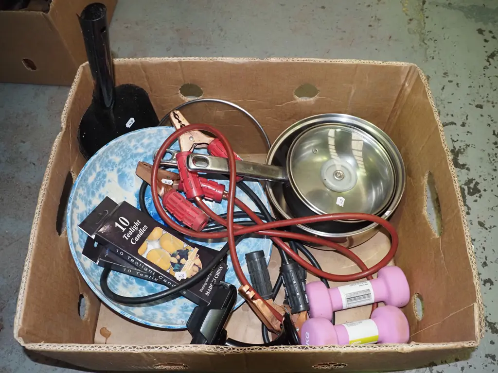 box; jumper leads, pots, pans, hand weights etc Image 1++