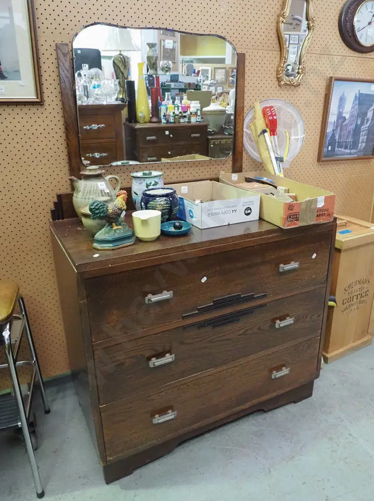 deco oak 3 drawer mirror back dresser H-1400  Image 1++