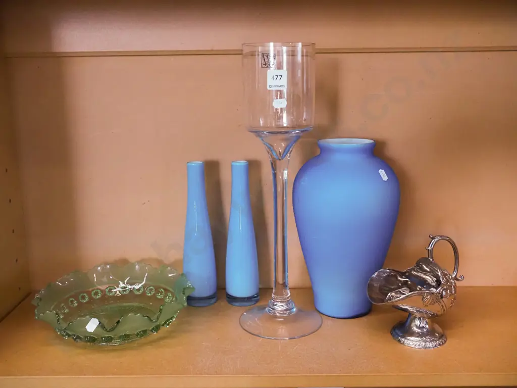 shelf; plated sugar scuttle, green glass bowl, blue glass vases, clear glass vase H-400 Image 1++