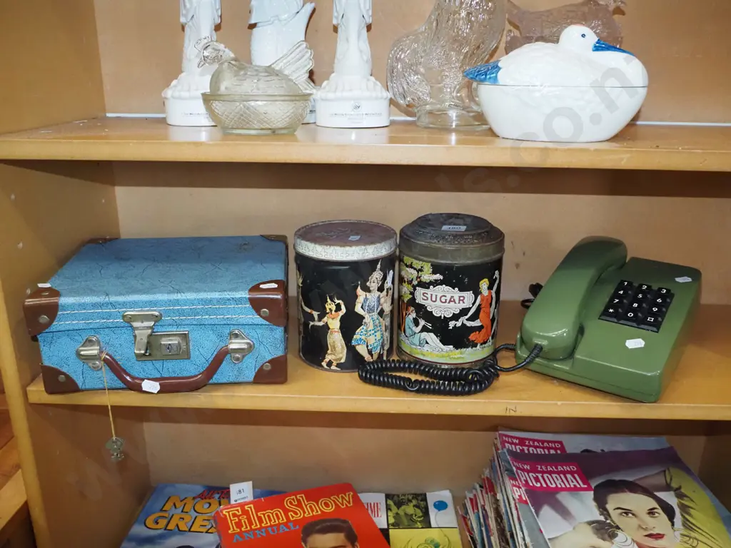 small suitcase, vintage tin, push button phone Image 1++