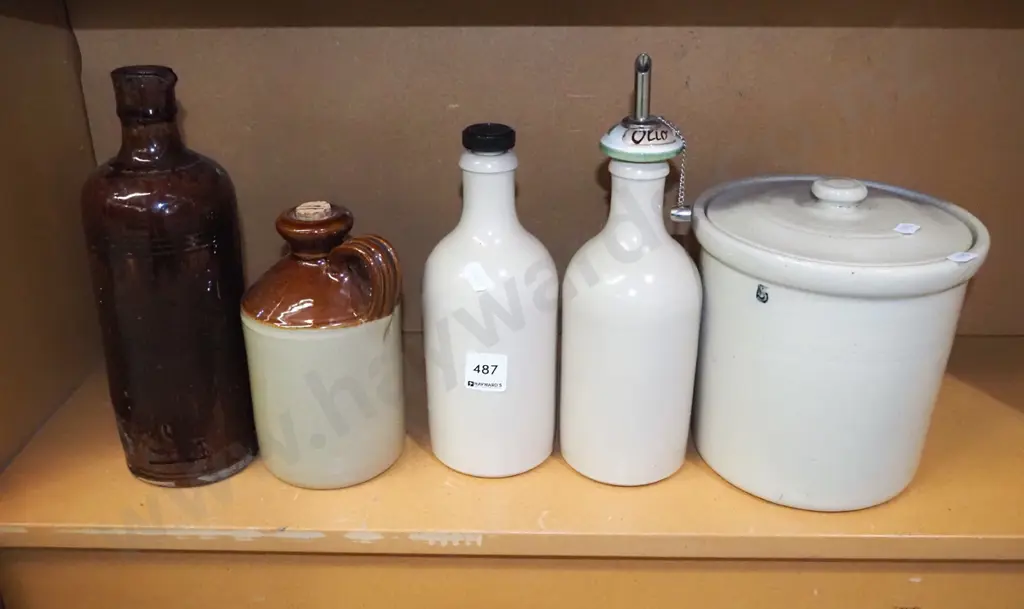 lidded storage crock, various bottles Image 1++
