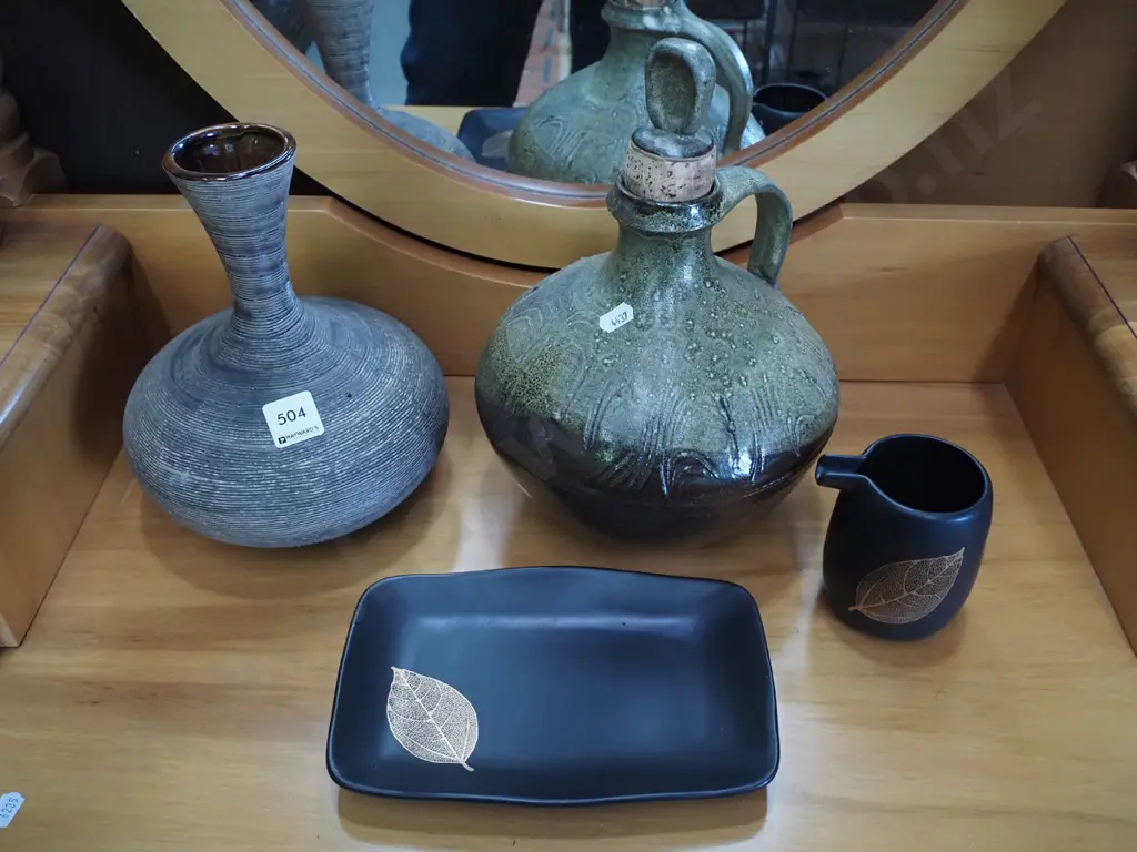 studio pottery stoppered jug, tray, small jug Image 1++