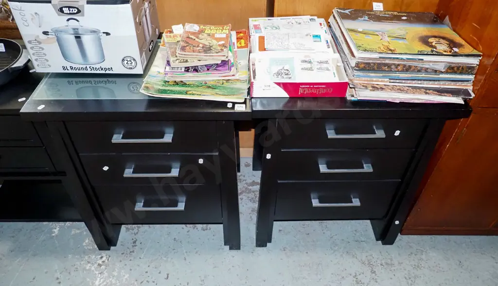 pair of black painted 3 drawer glass top bedside cabintes Image 1++