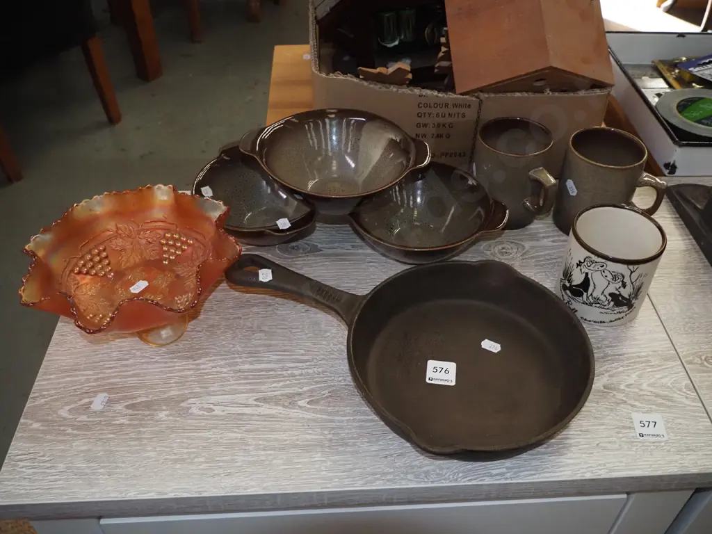 carnival footed bowl, Temuka items, Footrot Flats cup, frying pan Image 1++