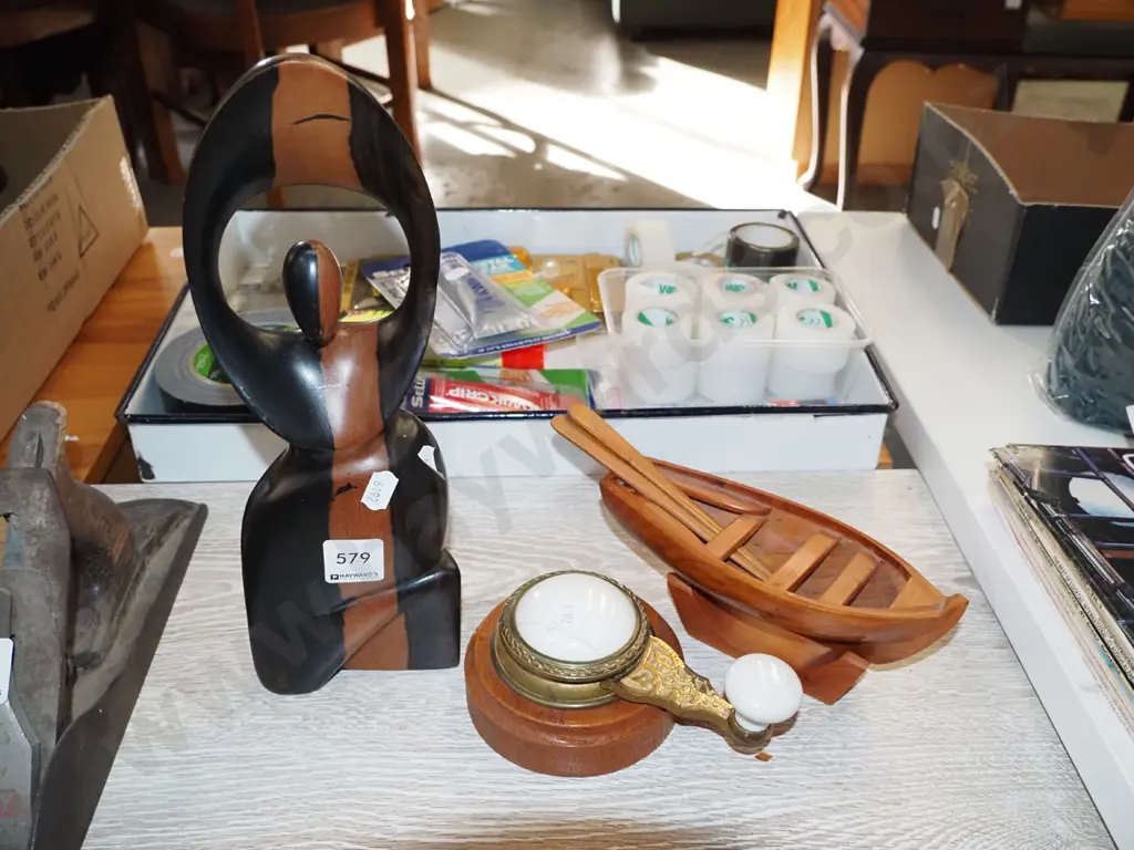 ornamental figurine, boat, ceramic and brass handle Image 1++