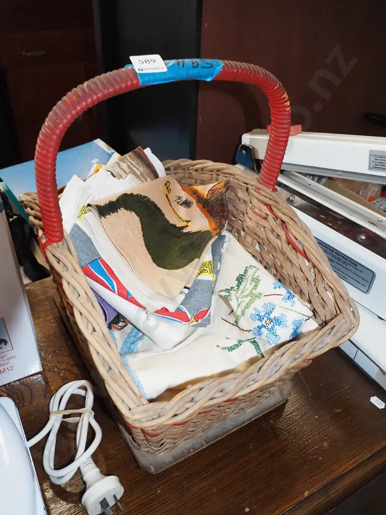 cane basket, tea towels Image 1++