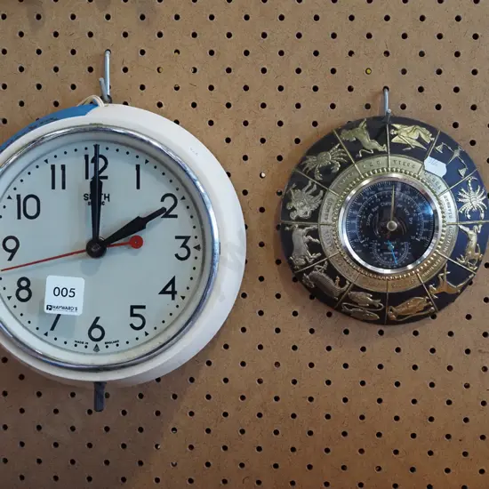 Smiths corded wall clock, retro horoscope themed barometer
