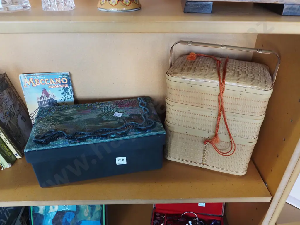 cardboard with detailed needlework top, small bamboo Asian picnic hamper Image 1++