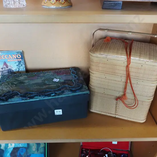 cardboard with detailed needlework top, small bamboo Asian picnic hamper