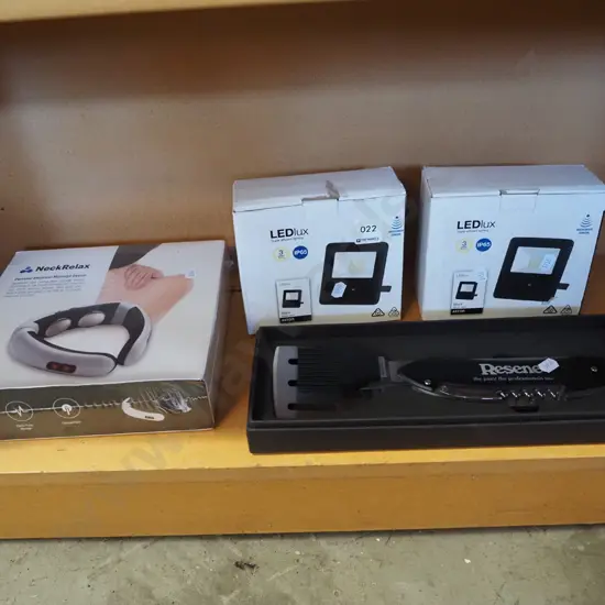 Resene bbq tool, 2x LED floodlights, as-new electronic neck massager