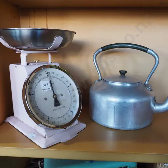 aluminium tea pot, kitchen scales
