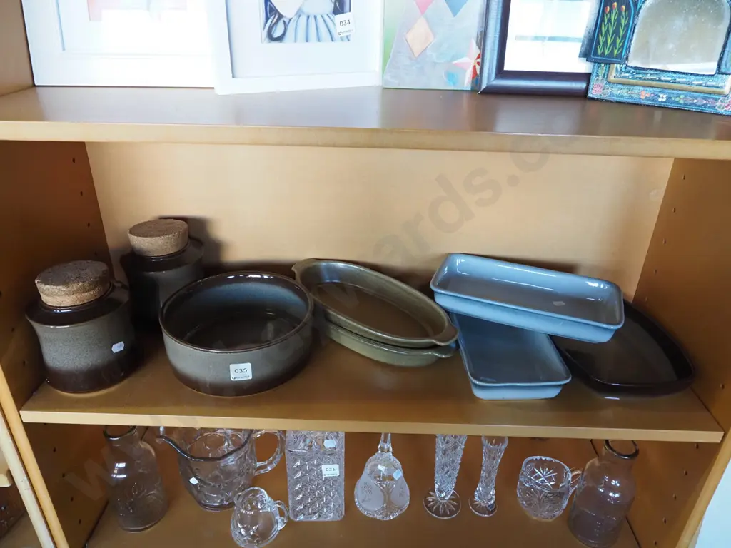 shelf of Temuka pottery; baking dish, canisters Image 1++