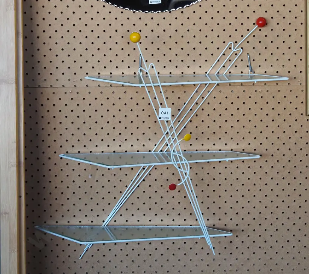 mid century metal, wood, glass wall mounted shelves Image 1++