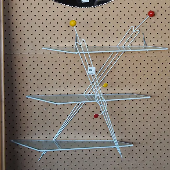 mid century metal, wood, glass wall mounted shelves