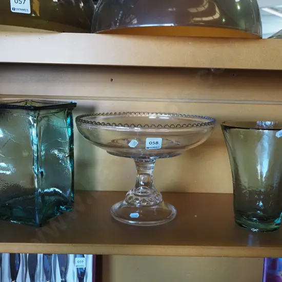 large glass comport, 2x green glass vases Comport H-190