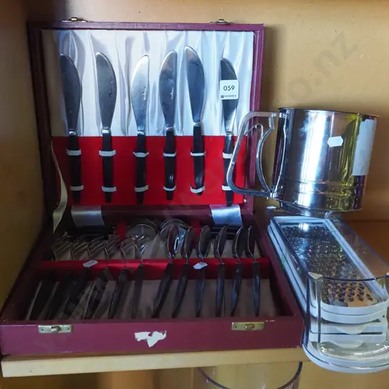 cased cutlery, flower sifter, cheese graters