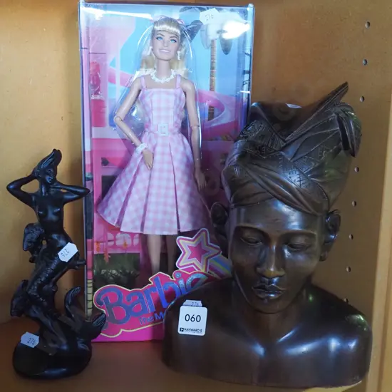 carved wooden figurine, ceramic figurine, Barbie doll