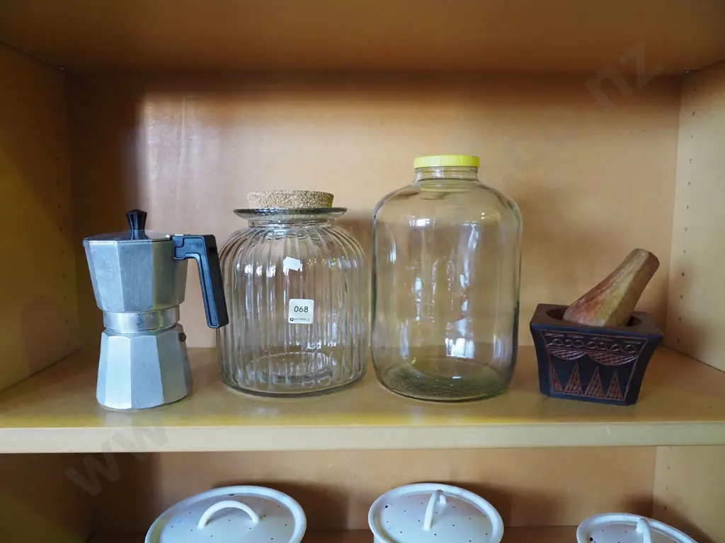 stove top espresso, storage jars, wooden mortar and pestle Image 1++