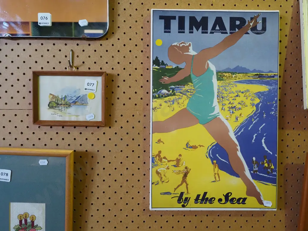 reproduction Timaru promotional print on boxed canvas, very small watercolour - Lake Wanaka - yellow dots Image 1++