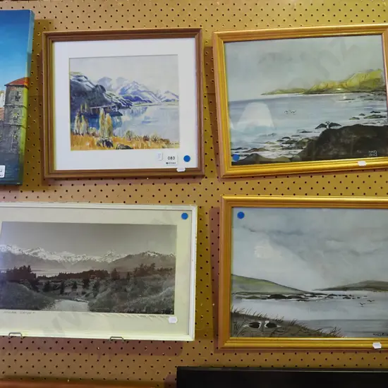 2x framed watercolour, framed acrylic, framed photographs - blue dots