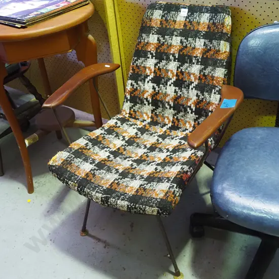 mid-century metal and wood upholstered reception chair