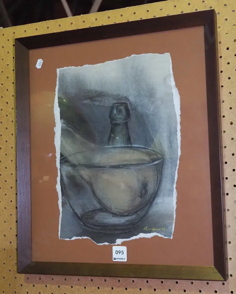 framed still life - bottle, glass bowl, gourd Image 1++