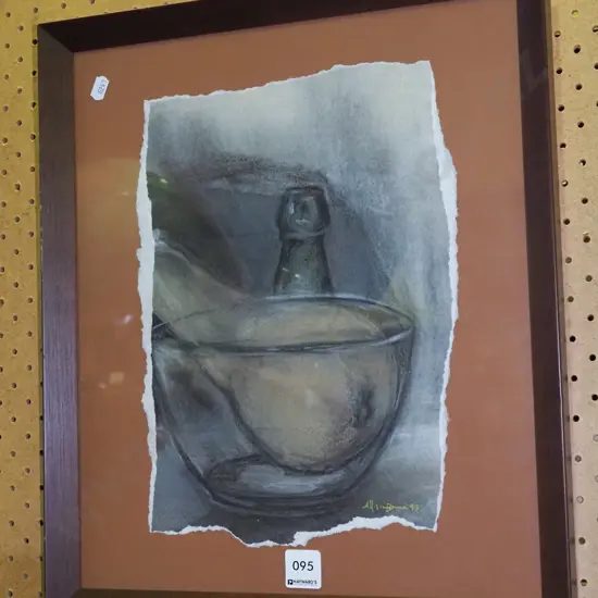 framed still life - bottle, glass bowl, gourd