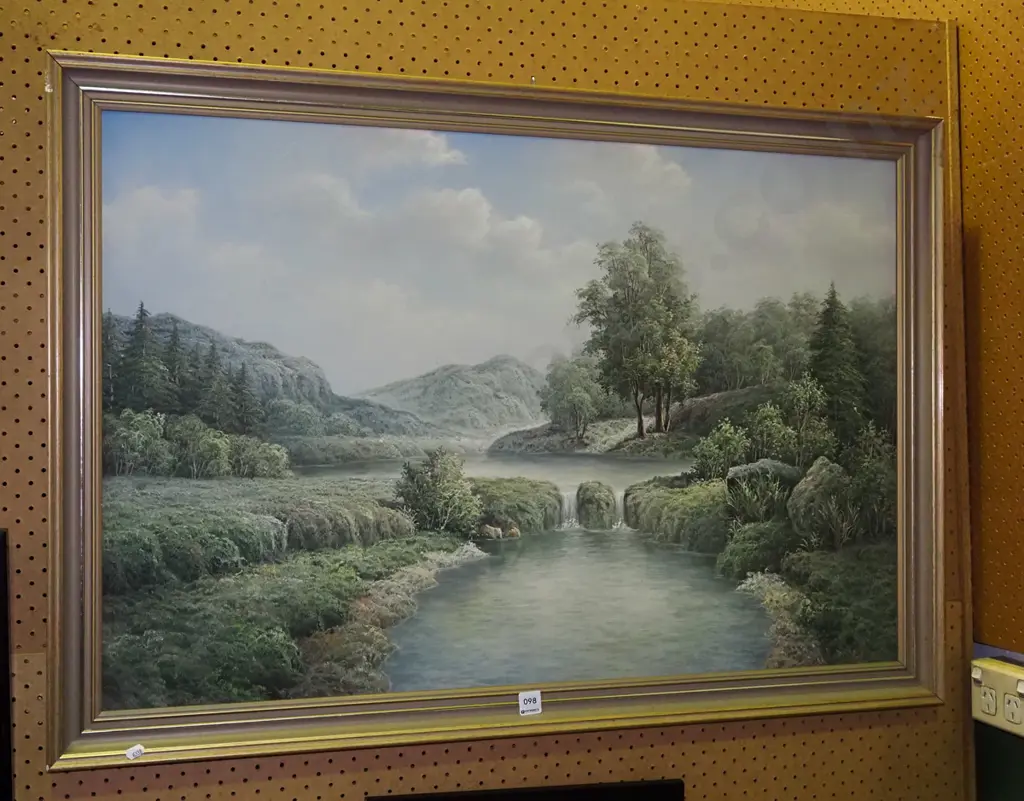 framed oil on board - pond and waterfall Image 1++