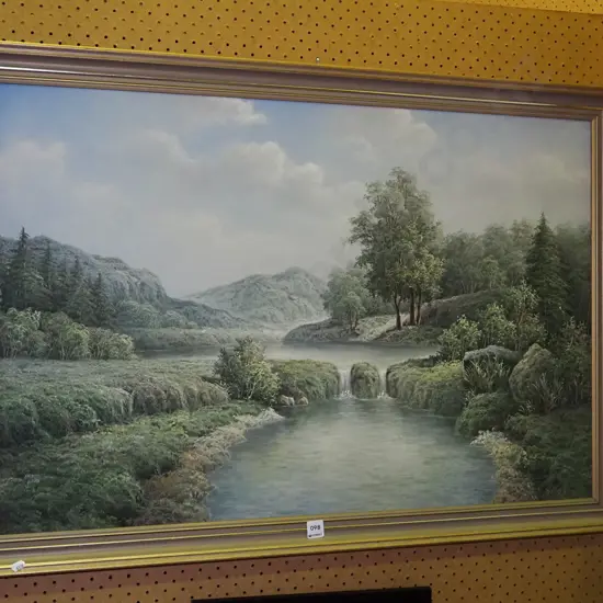 framed oil on board - pond and waterfall