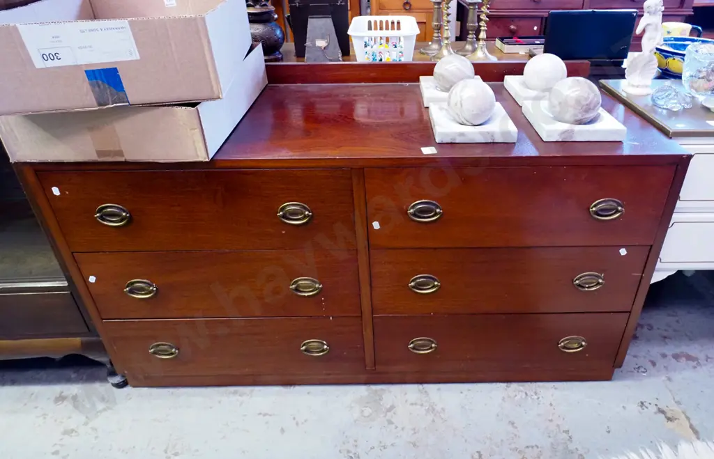 mahogany 6 drawer low boy with brass drop handles H-670 W-1220 D-455 Image 1++