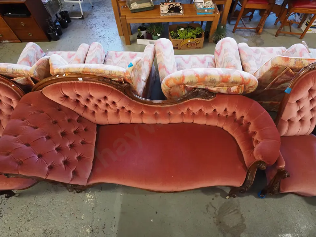 Victorian walnut 3-pc suite - double ended deep button sofa, 2 chairs with carved cabriolet legs   Image 1++