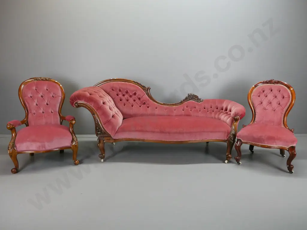 Victorian walnut 3-pc suite - double ended deep button sofa, 2 chairs with carved cabriolet legs   Image 1++