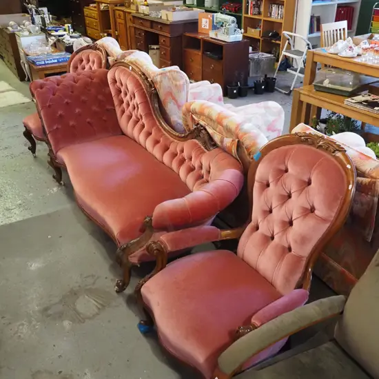 Victorian walnut 3-pc suite - double ended deep button sofa, 2 chairs with carved cabriolet legs  