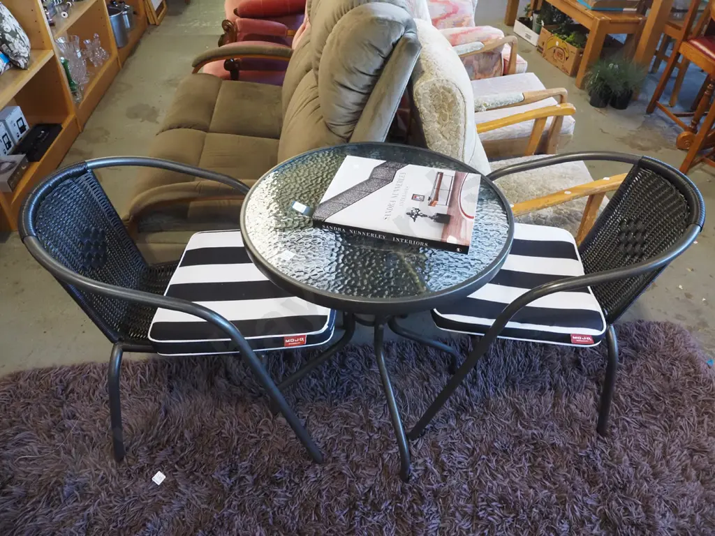 alloy glass top patio table with 2 matching chairs and cushions - very good condition Image 1++