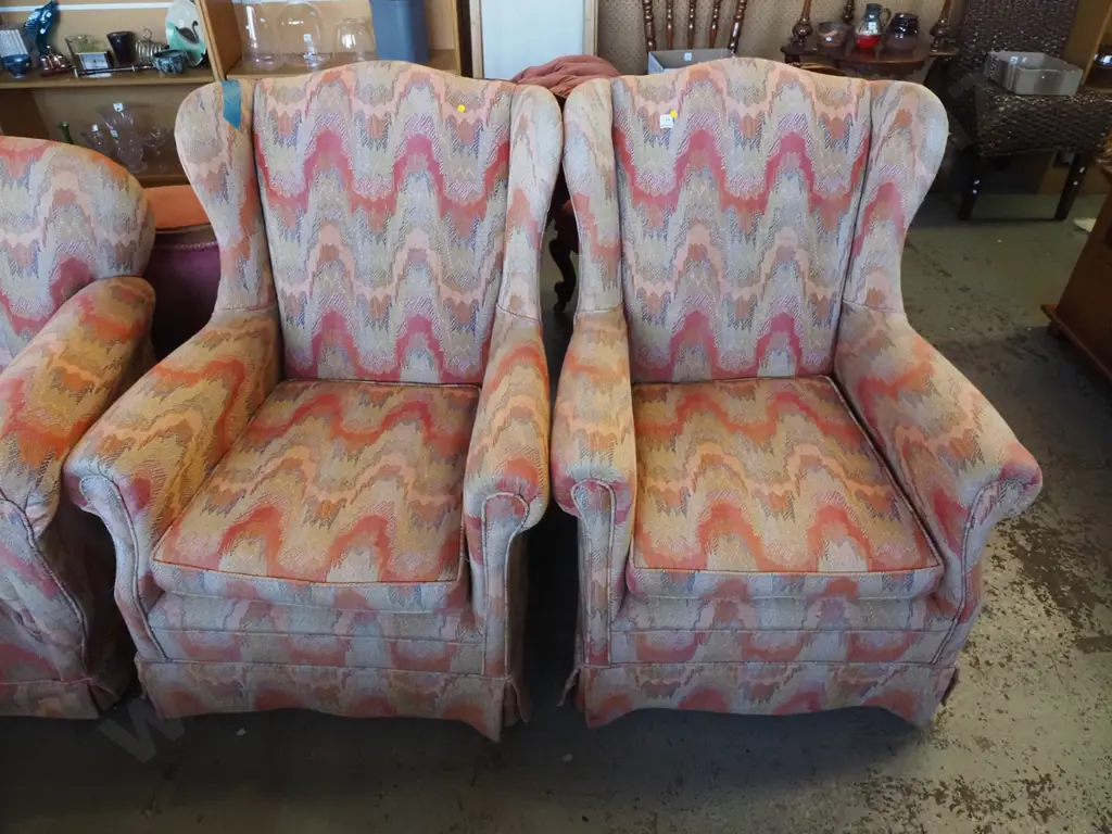 2x multi coloured upholstered wingback armchairs - yellow dots Image 1++
