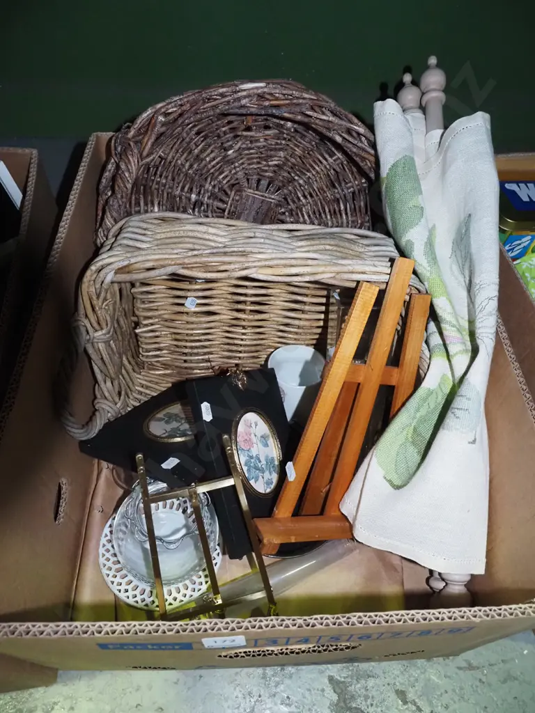 box; cane baskets, artists easel, small prints, needleworks etc Image 1++