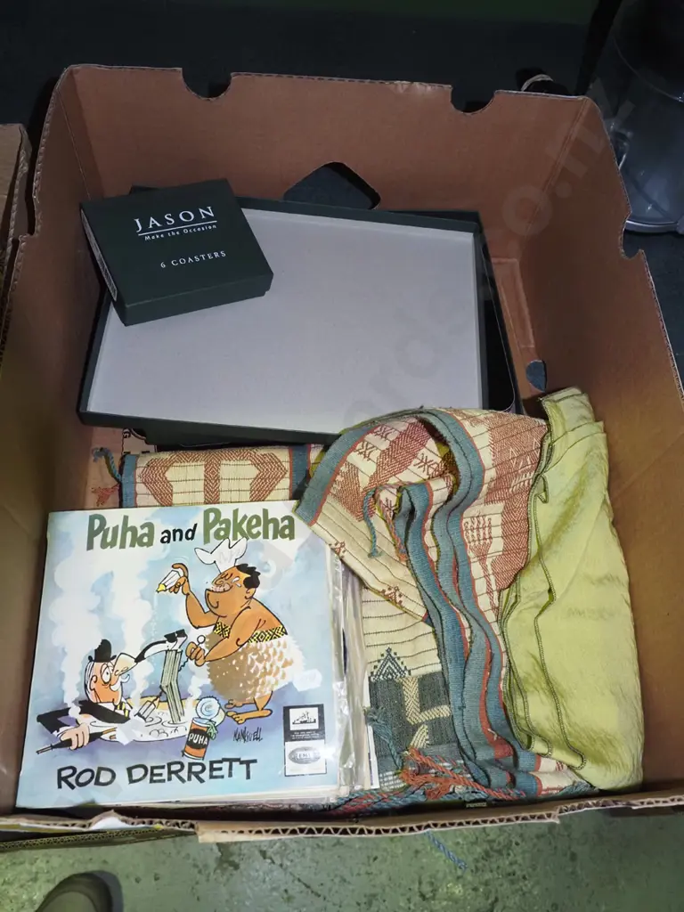 box; placemats, coasters, tablecloth, 45s etc Image 1++