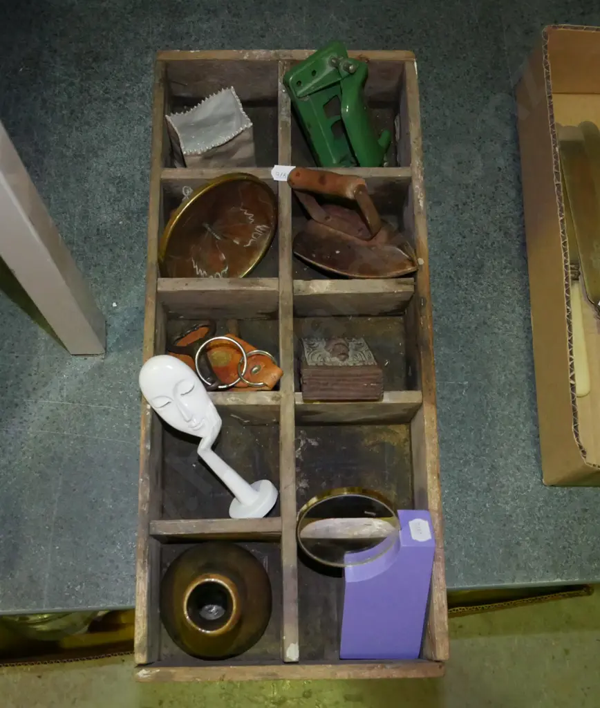 segmented wooden box, bottles, hole punch etc Image 1++