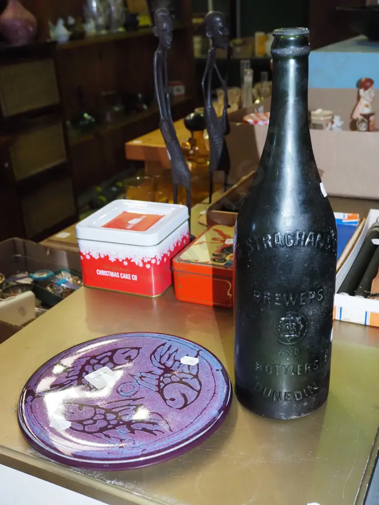 vintage Strachan beer bottle, studio pottery heat plate Image 1++