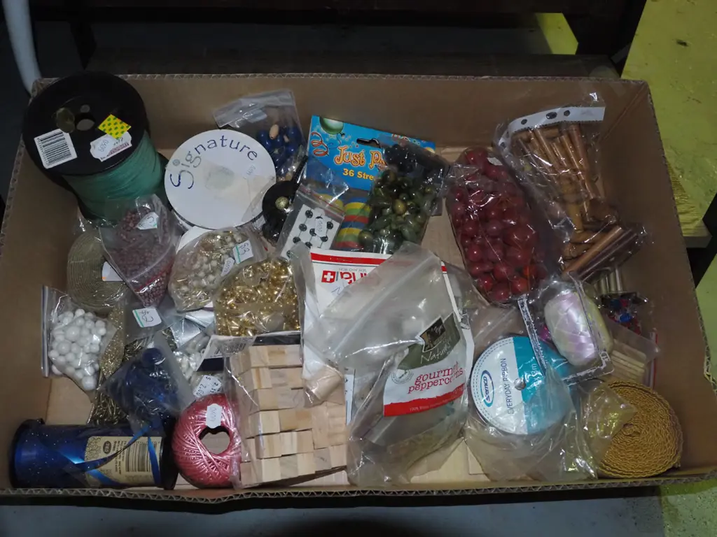 box; crafting supplies, beads, ribbons, string etc Image 1++