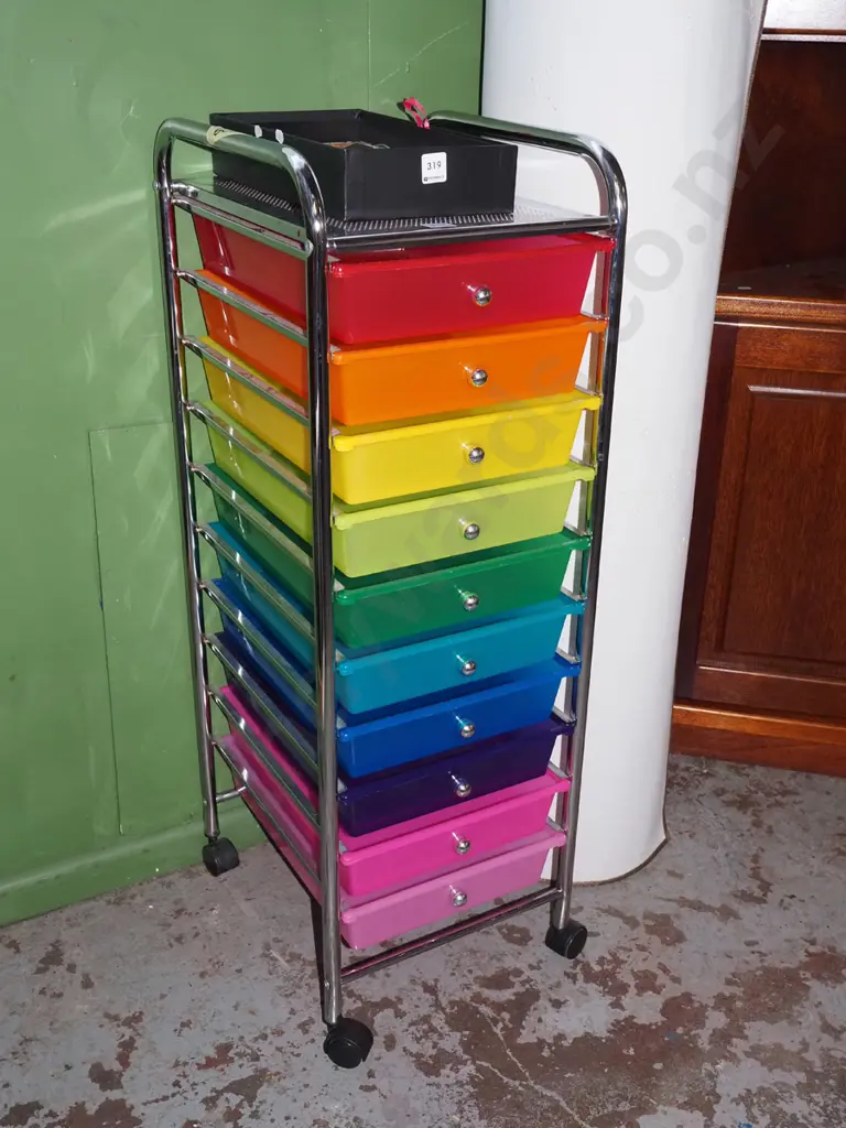 10x multi coloured plastic trays on chrome stand with casters H-960 Image 1++