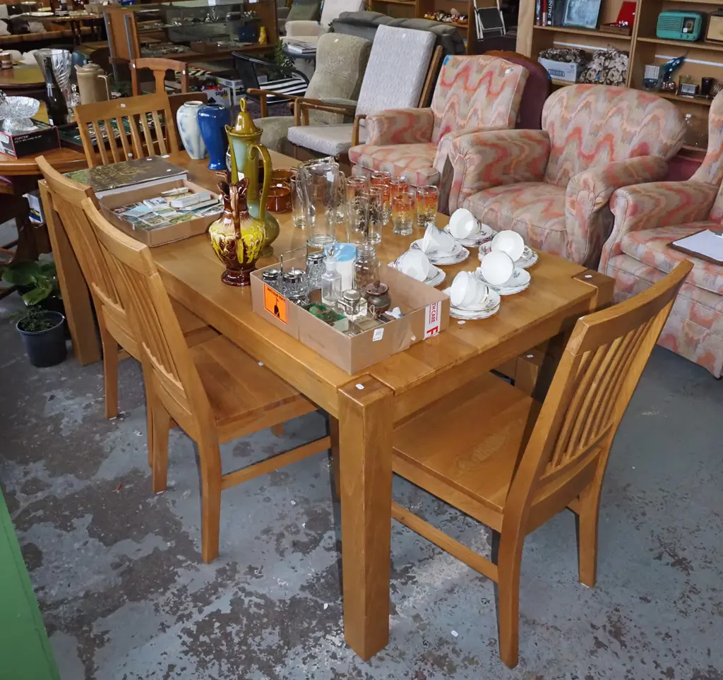 modern solid oak dining table with 4 matching dining chairs and bench seat H-760 W-1800 D-850 Image 1++