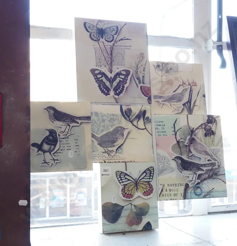 6 part print on boxed wood - birds and butterflies Image 1++