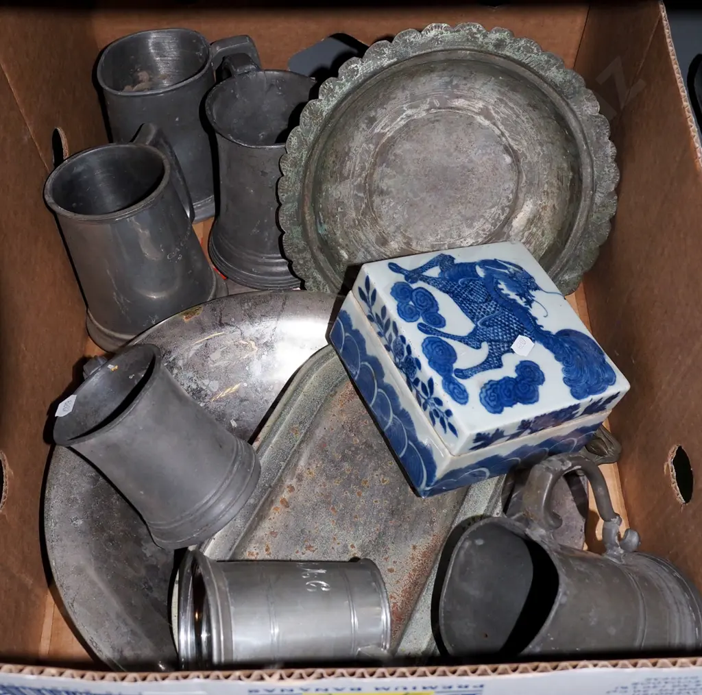 box; blue and white ceramic box, pewter tankards, plated ware etc Image 1++